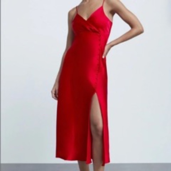 Zara Button Detail Slit Midi Satin Slip Dress - Picture 4 of 8